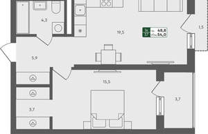 1-к квартира, вторичка, 54м2, 3/4 этаж