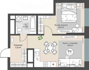 1-к квартира, строящийся дом, 44м2, 18/30 этаж