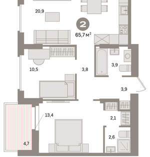 2-к квартира, вторичка, 66м2, 6/16 этаж