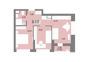 3-к квартира, вторичка, 45м2, 17/27 этаж