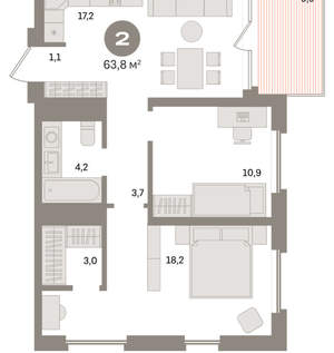 2-к квартира, вторичка, 64м2, 10/24 этаж