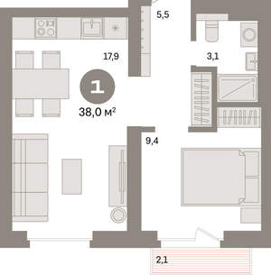 1-к квартира, вторичка, 38м2, 7/9 этаж