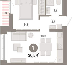 1-к квартира, вторичка, 37м2, 6/16 этаж