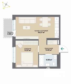 1-к квартира, вторичка, 42м2, 8/9 этаж