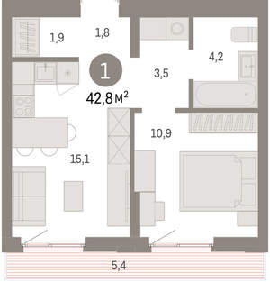 1-к квартира, вторичка, 43м2, 5/16 этаж