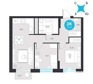 2-к квартира, строящийся дом, 54м2, 10/22 этаж