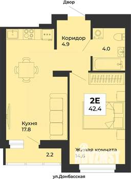 2-к квартира, строящийся дом, 42м2, 21/25 этаж