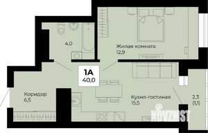 1-к квартира, строящийся дом, 40м2, 21/25 этаж