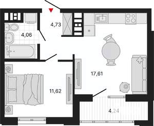 1-к квартира, вторичка, 42м2, 10/11 этаж