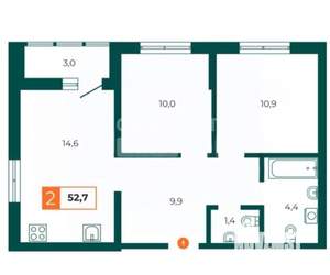 2-к квартира, сданный дом, 52м2, 15/24 этаж