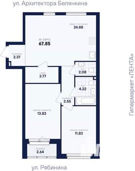 2-к квартира, вторичка, 68м2, 7/26 этаж