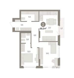 2-к квартира, вторичка, 66м2, 3/16 этаж