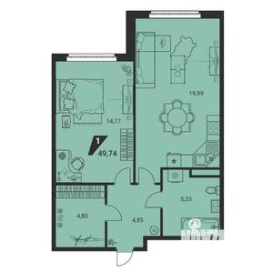 2-к квартира, вторичка, 50м2, 2/25 этаж