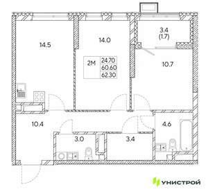 2-к квартира, вторичка, 62м2, 20/30 этаж