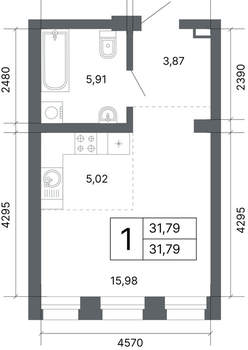 1-к квартира, вторичка, 31м2, 4/24 этаж