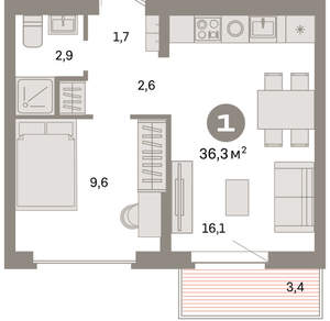 1-к квартира, вторичка, 36м2, 7/9 этаж