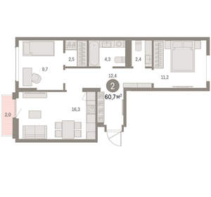 2-к квартира, вторичка, 61м2, 3/9 этаж