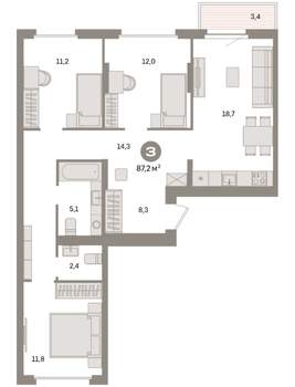 3-к квартира, вторичка, 87м2, 6/9 этаж