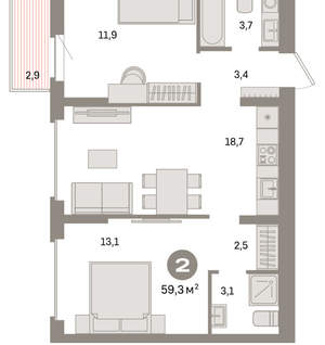 2-к квартира, вторичка, 59м2, 6/9 этаж