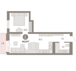 1-к квартира, вторичка, 44м2, 7/8 этаж
