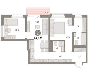2-к квартира, вторичка, 65м2, 6/8 этаж