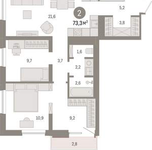 2-к квартира, вторичка, 73м2, 6/8 этаж