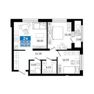 2-к квартира, строящийся дом, 64м2, 4/27 этаж