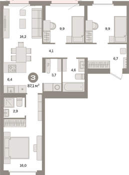 3-к квартира, вторичка, 87м2, 4/16 этаж