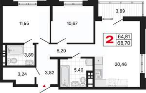 2-к квартира, вторичка, 69м2, 6/6 этаж