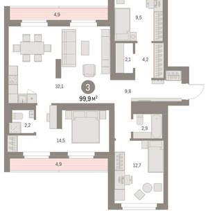 3-к квартира, вторичка, 100м2, 9/9 этаж