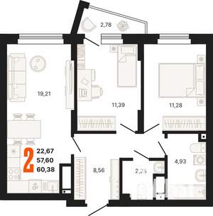 2-к квартира, строящийся дом, 60м2, 25/25 этаж