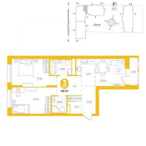 3-к квартира, строящийся дом, 68м2, 7/25 этаж