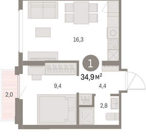 1-к квартира, вторичка, 35м2, 8/9 этаж