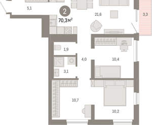 2-к квартира, вторичка, 70м2, 6/8 этаж