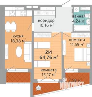 2-к квартира, строящийся дом, 65м2, 17/24 этаж