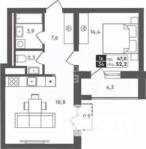 2-к квартира, вторичка, 52м2, 3/4 этаж