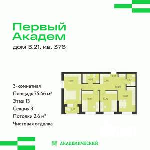 3-к квартира, вторичка, 75м2, 13/17 этаж