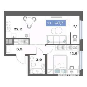 1-к квартира, строящийся дом, 48м2, 12/17 этаж