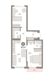 2-к квартира, вторичка, 68м2, 4/16 этаж