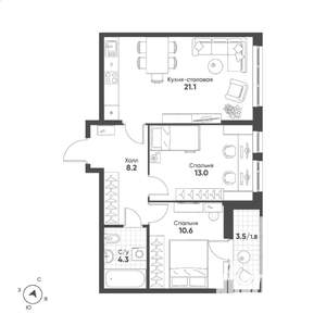 2-к квартира, строящийся дом, 59м2, 10/15 этаж