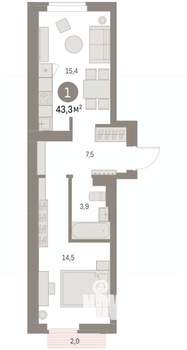 1-к квартира, вторичка, 43м2, 2/9 этаж