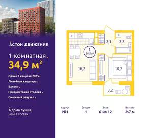 1-к квартира, вторичка, 35м2, 6/12 этаж
