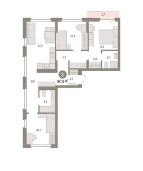 3-к квартира, вторичка, 81м2, 3/16 этаж