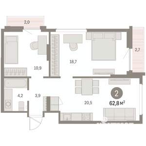 2-к квартира, вторичка, 63м2, 9/9 этаж