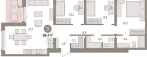 3-к квартира, вторичка, 88м2, 9/9 этаж