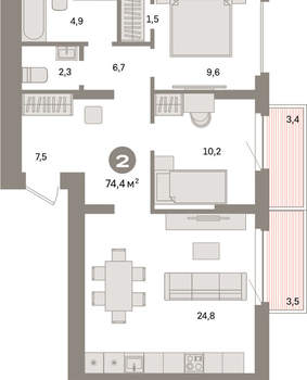 2-к квартира, вторичка, 74м2, 4/9 этаж
