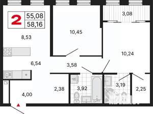 2-к квартира, вторичка, 58м2, 25/25 этаж