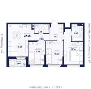 3-к квартира, вторичка, 68м2, 2/26 этаж