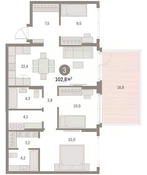3-к квартира, вторичка, 103м2, 1/9 этаж