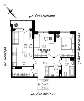 2-к квартира, вторичка, 58м2, 19/25 этаж